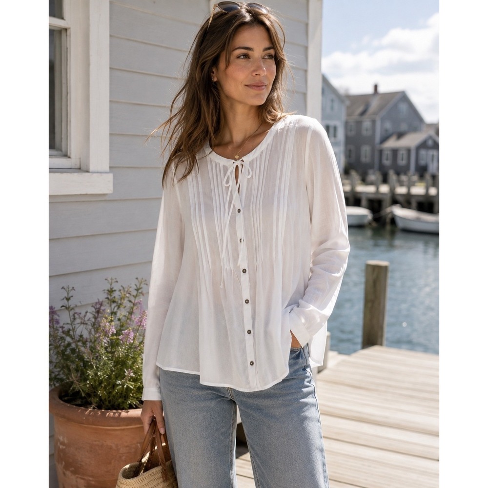 Free People White 100% Cotton Pintuck Blouse L Tie Neck Button Front Boho Sheer